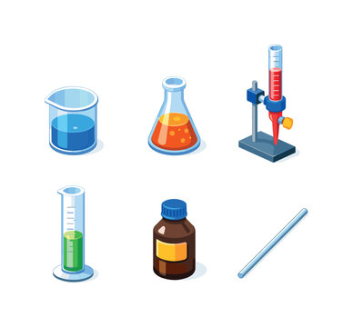 Colorful Chemistry Tools. Chemistry Tools. Isometric flat vector icons set of chemistry tools: beaker, erlenmeyer flask, burette, graduated cylinder, chemical
