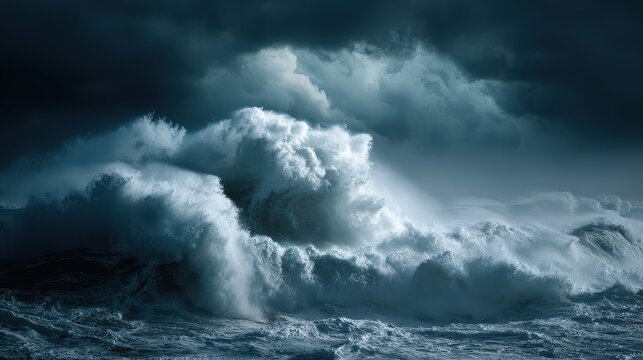 Dark clouds gather over rough ocean waves during a stormy evening as high tides crash against the shore creating foam and spray