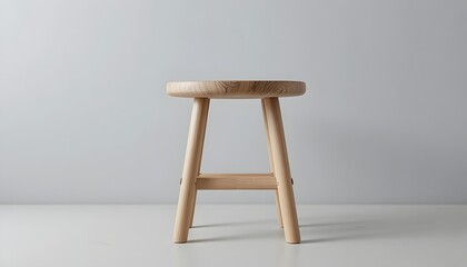 Modern wooden stool with three legs on white floor