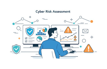 Cybersecurity Analysis Illustration. Cyber risk assessment. Security analyst reviewing threat dashboards with shield and warning icons, calm focus