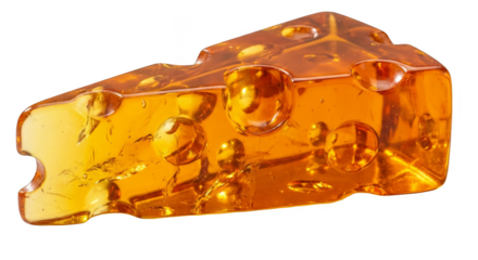 Shiny translucent amber-orange cheese slice sculpture with classic holes and bite mark. Fun, playful food art in glass-like material. PNG format, transparent background.