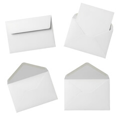 Four white envelopes on transparent background for mail and correspondence needs