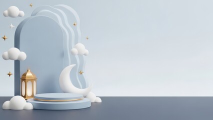 Pastel blue crescent moon lantern and cloud background for dreamy designs, suitable for social media graphics, calendars, and themed websites.