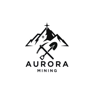 Aurora Mining Logo with Pickaxe and Mountains.