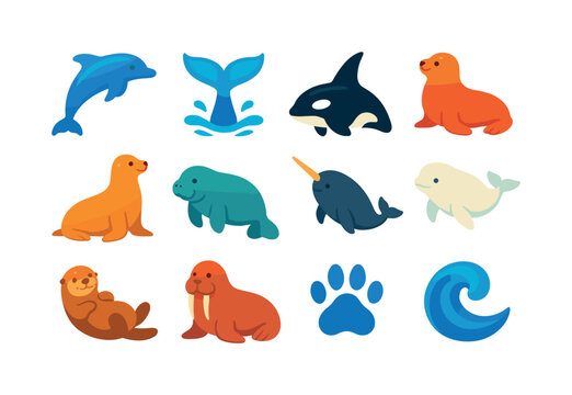 Marine Mammal Icons. marine mammals. Colorful flat vector icons set of marine mammals: dolphin silhouette, whale tail splash, orca dorsal fin, seal resting