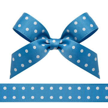Blue polka dot ribbon bow in elegant style with soft lighting on white background for gift wrapping