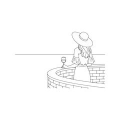 Obraz premium Woman with big hat drinking wine on balcony, back view vector line art. Female character leaning on brick wall looking at copy space. Minimalist holiday sketch. 