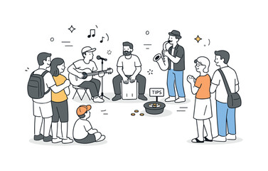 Fototapeta premium Street Music Vibes. Street music performance crowd. Passersby stopping to listen and smile, friendly interaction and spontaneous cultural moment. Minimalist