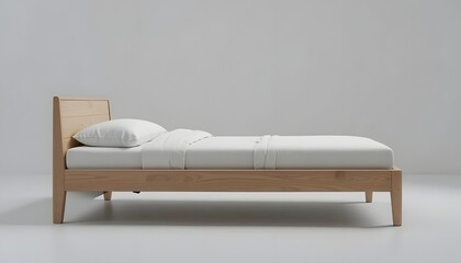 Simple modern wooden bed with white bedding and pillow