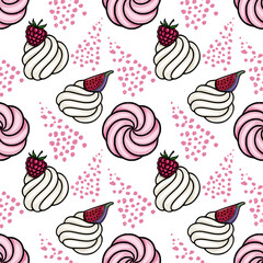 Whimsical seamless vector pattern of fluffy meringue swirls with fresh raspberries and fig slices, set against a backdrop of scattered pink dots.