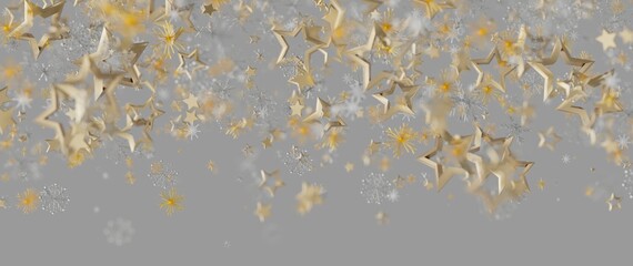 Elegant gold stars and snowflakes floating on a gray background, perfect for holiday greetings and © vegefox.com