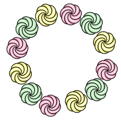 Whimsical vector illustration of pastel meringue swirls forming a decorative frame