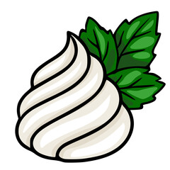 Swirled whipped cream vector illustration with fresh green mint leaves