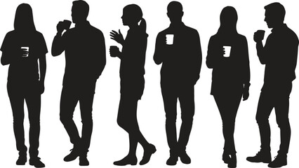 Silhouette of people drinking coffee, casual interaction, office break, professional discussion, vector illustration