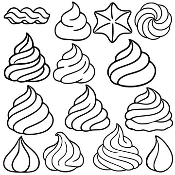 Whipped cream swirls outline vector illustration, various piped frosting shapes, isolated on white background