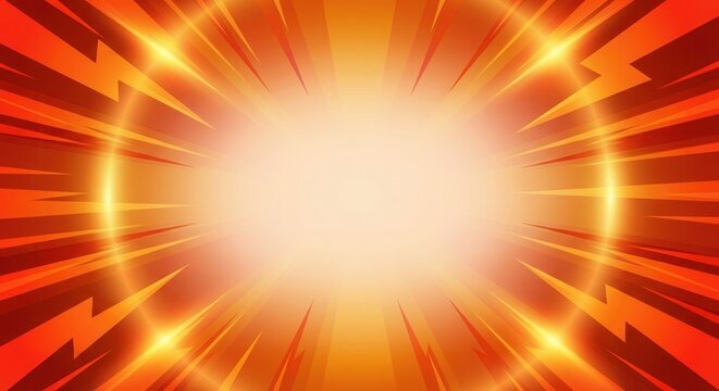 Dynamic bright orange and yellow burst background with lightning bolts and radial lines.