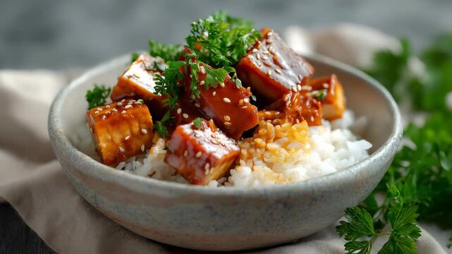Korean dubu-jorim - braised spicy bean curd with rice in gray bowl. Asian vegetarian food concept