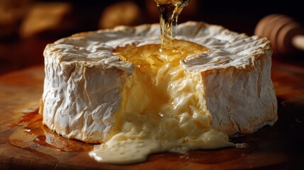 Melted cheese with honey drizzled on top served on a wooden board during a casual gathering in the evening