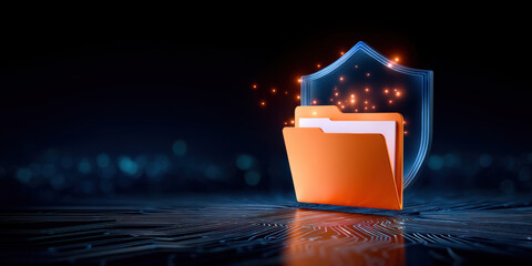 Data secured folder glowing on circuit board with shield protecting files