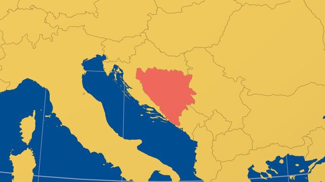 Bosnia and Herzegovina on Globe. Animated zoom into the country in Ocean Blue Golden Yellow color palette. Bosnia and Herzegovina logo animation. Map with meridians, parallels. Beautiful video.