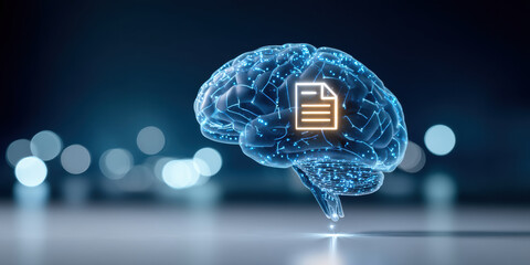 Data digital brain with glowing document icon and network connections floating in space