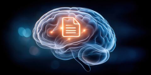 Data driven neural network concept with glowing file icon inside brain illustrating information