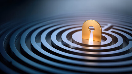 Gold keyhole at maze center symbolizing data security and insight