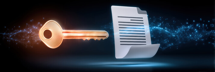 Data key unlocks secure digital file with glowing key and streaming particles