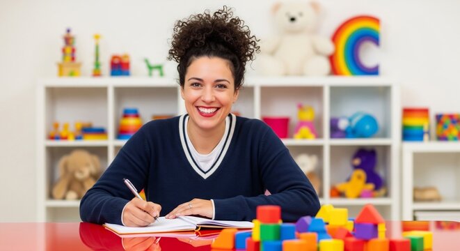 Smiling teacher taking notes in colorful classroom with toys