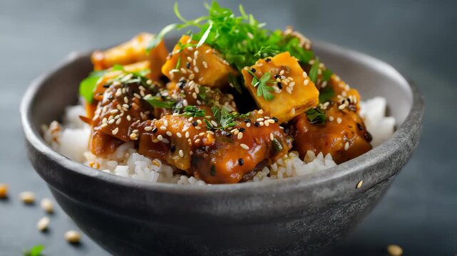 Korean dubu-jorim - braised spicy bean curd with rice in gray bowl. Asian vegetarian food concept