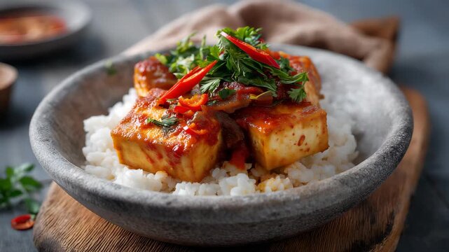 Korean dubu-jorim - braised spicy bean curd with rice in gray bowl. Asian vegetarian food concept