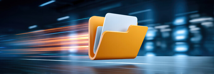 Data folder with fast digital transfer and glowing server lights