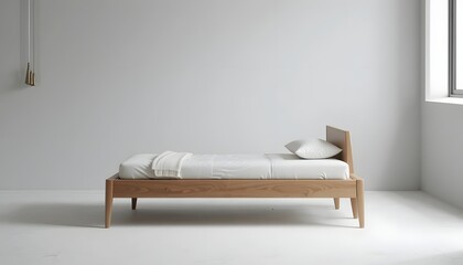 Minimalist wooden bed with white bedding in modern empty room