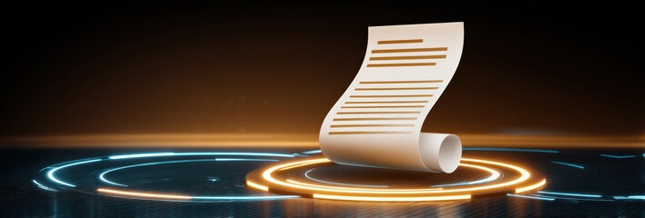 Data digital document glowing holographic receipt on futuristic interface with neon rings