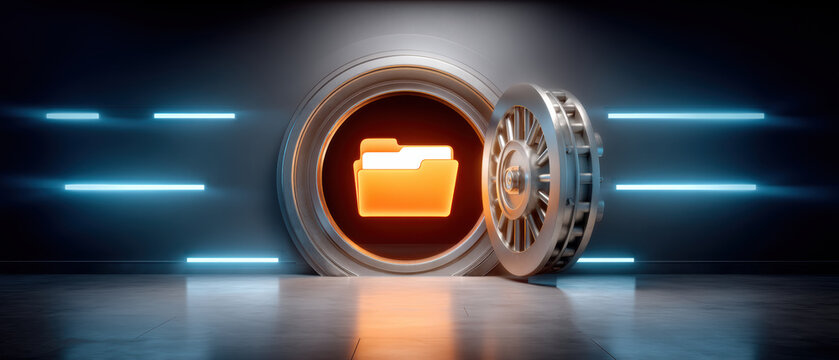 Data glowing folder icon in futuristic vault interior conveying secure storage and protection - Powered by Adobe