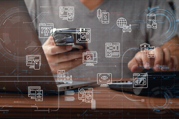 Person Using Smartphone and Tablet with Digital Technology Overlay