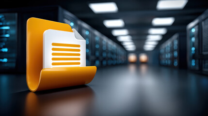 Data file folder with document icon in server room corridor evoking secure storage