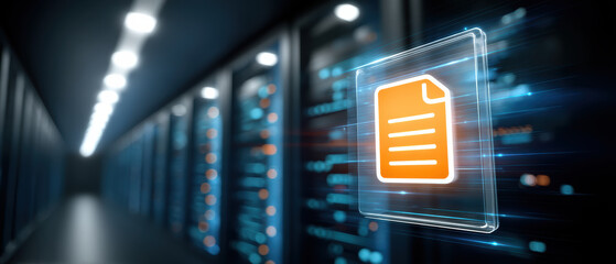 Data server room with glowing document icon and streaming network light effects