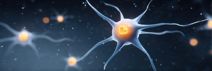 Data glowing neural cell with digital file icon abstract network conveying connection and insight