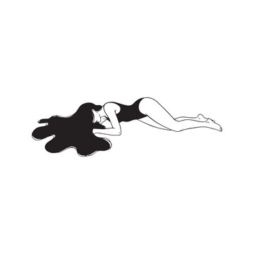 Woman lying face down in bodysuit, minimalist vector line art illustration. Sketch of girl resting or sleeping on floor. Hand drawn female figure in swimwear or lingerie.
