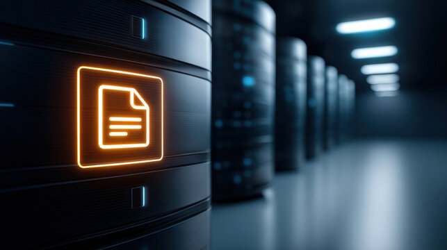 Data glowing file icon on server rack in dark data center corridor with blue light - Powered by Adobe