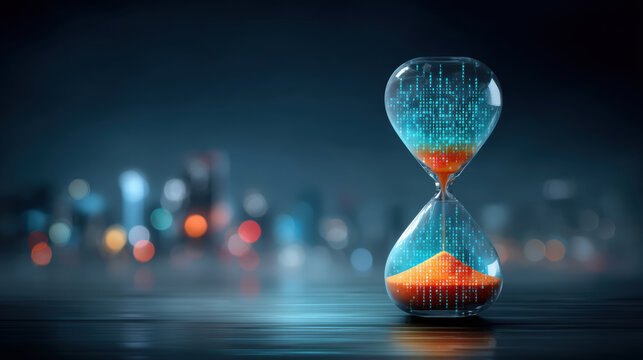 Data hourglass with flowing particles and digital code symbolizing time and information - Powered by Adobe