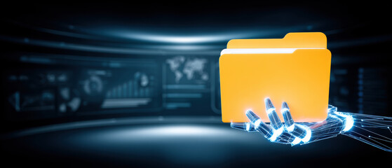 Data futuristic digital folder held by robotic hand glowing in cyber control room