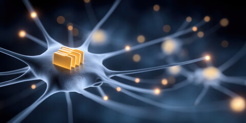 Data neural network node with glowing file icon and synapse connections inspiring insight
