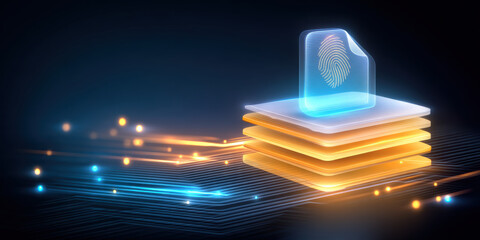 Data layered digital storage with glowing fingerprint security and flowing circuit light