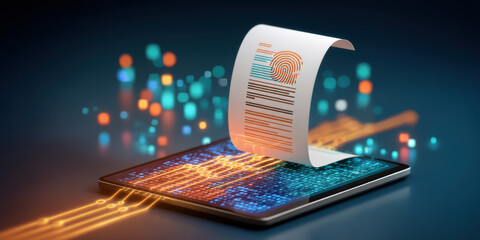Data driven digital receipt with fingerprint barcode and glowing circuit tablet