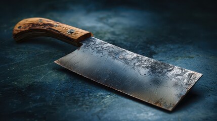 Knife rests on blue surface with wooden handle and shiny blade reflecting light in a kitchen setting during the afternoon