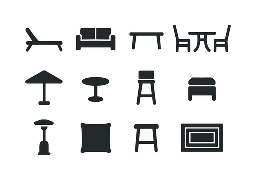 Outdoor Furniture Icons. Outdoor deck furniture. Solid icon set of outdoor deck furniture: lounge chair, patio sofa, coffee table, dining table, dining chairs,