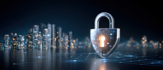 Data secure digital padlock glowing over city skyline and network grid at night