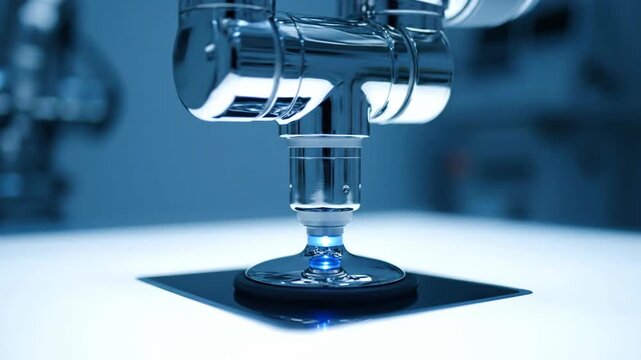 Close-up of microscope with blue light examining a sample in laboratory for science and research, medicine, and healthcare uses.